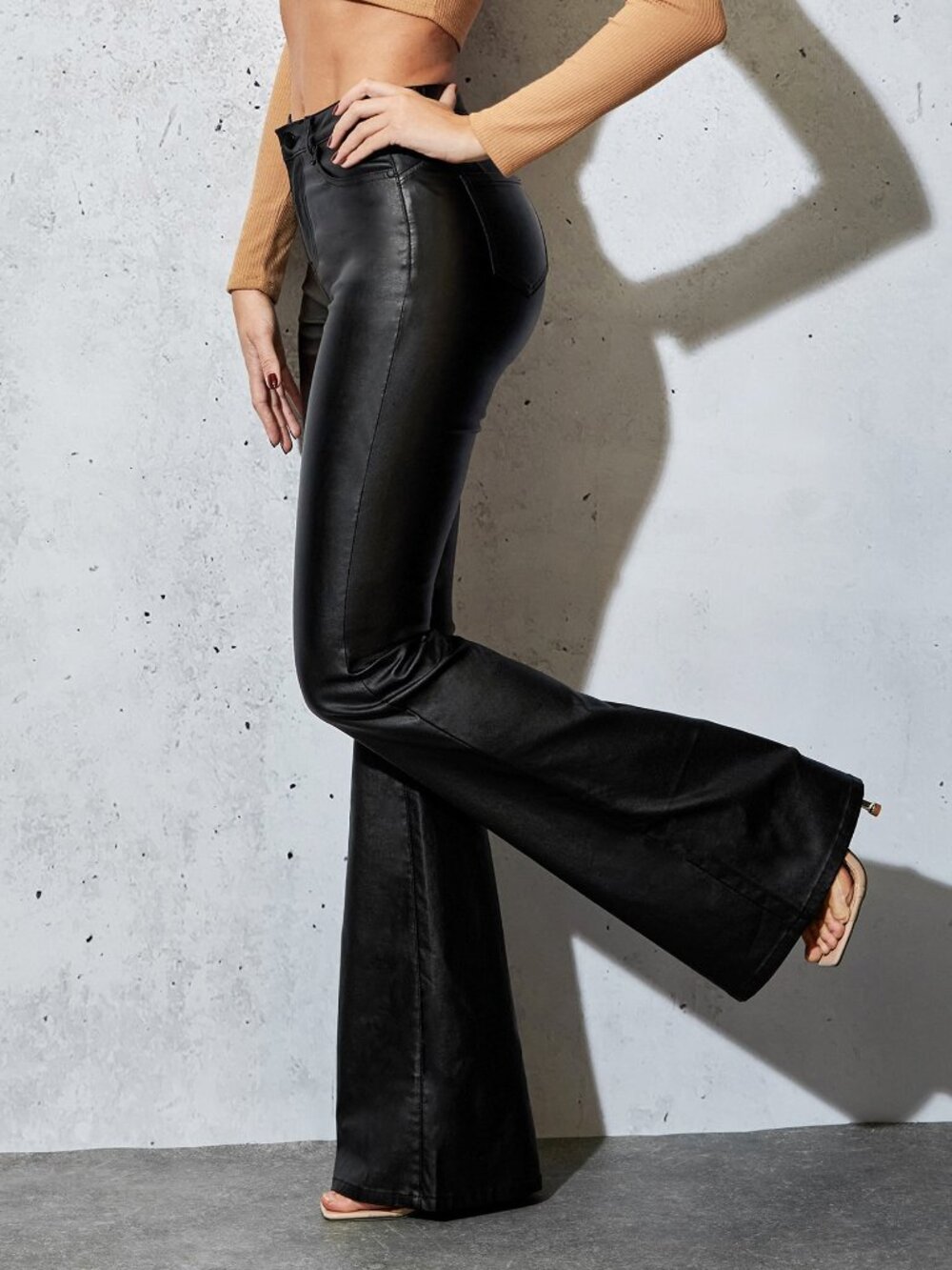 Black Casual Women's All-Match Low-Waist Regular Coated Flare Pants